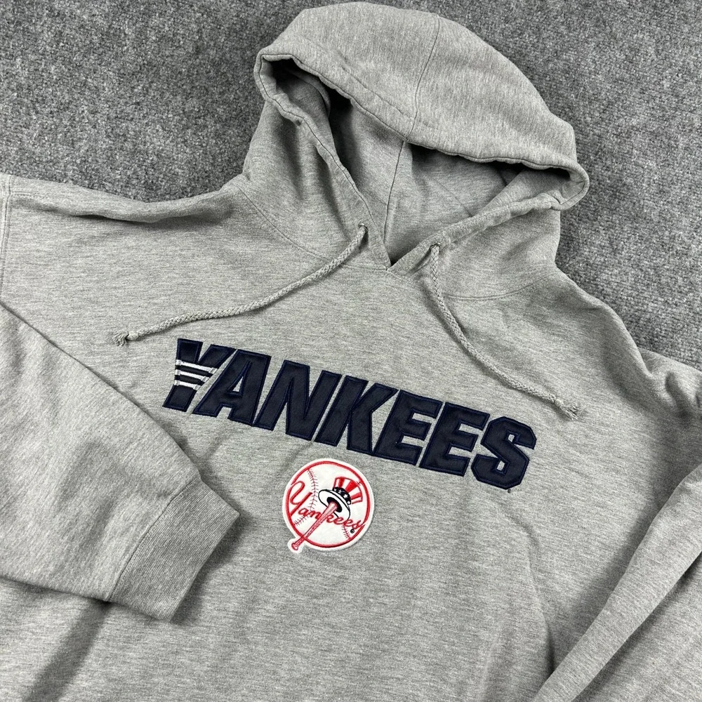 VTG Adidas Hoodie Mens XL Gray New York Yankees Embroidered Logo Sweatshirt MLB‎
